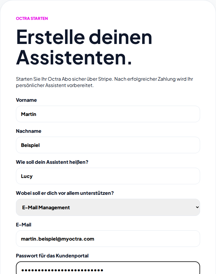 Octra Startdialog mit Assistentenname und Einsatzgebiet